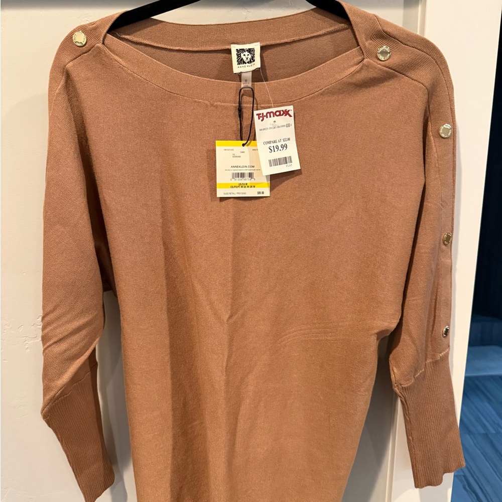 Anne Klein Tan Button-Shoulder Jersey Top